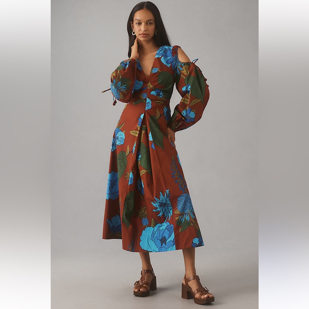 NWT FARM Rio X Anthropologie midi dress in wine. Size Medium. Sold out.